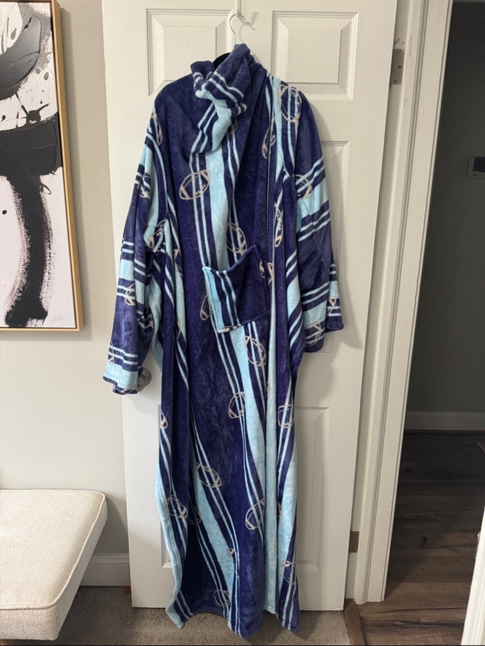 Plush Navy & Light Blue Long Hooded Robe/snuggie with pouch